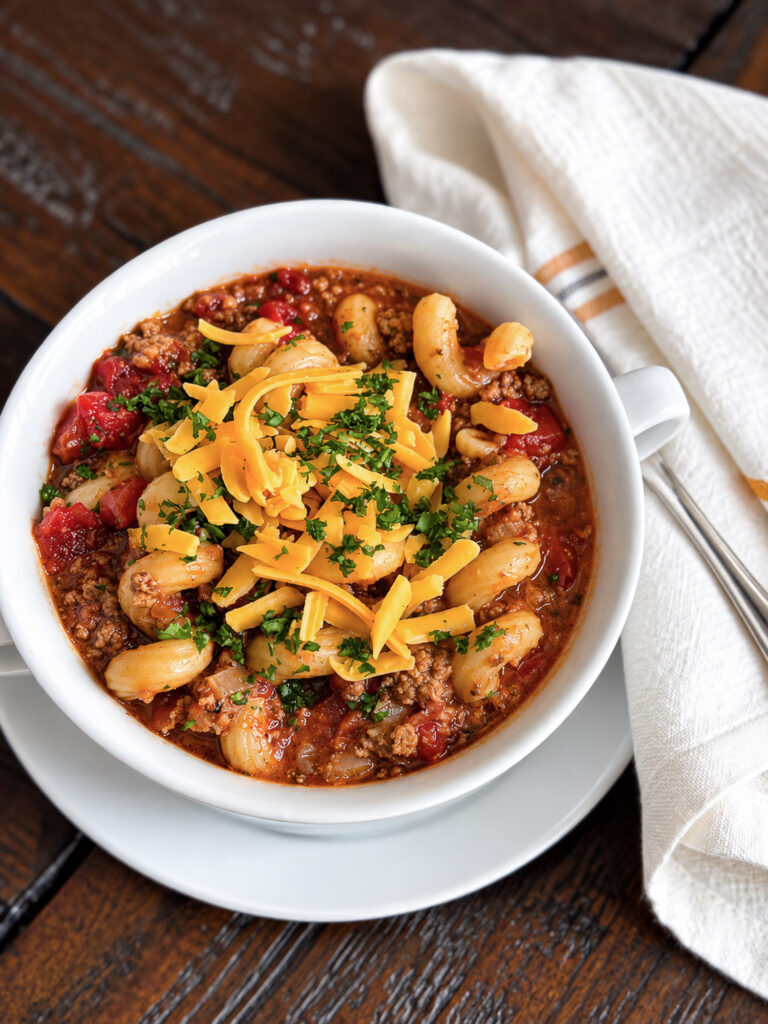 Homestyle goulash with ground beef, cavatappi pasta, tomatoes, shredded cheddar cheese, and fresh parsley in a white bowl.