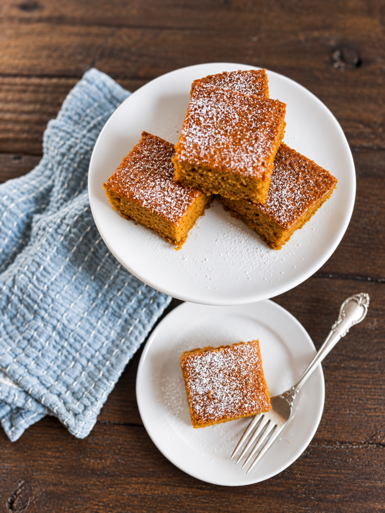 Pumpkin spice cake squares dusted with powdered sugar on white plates.