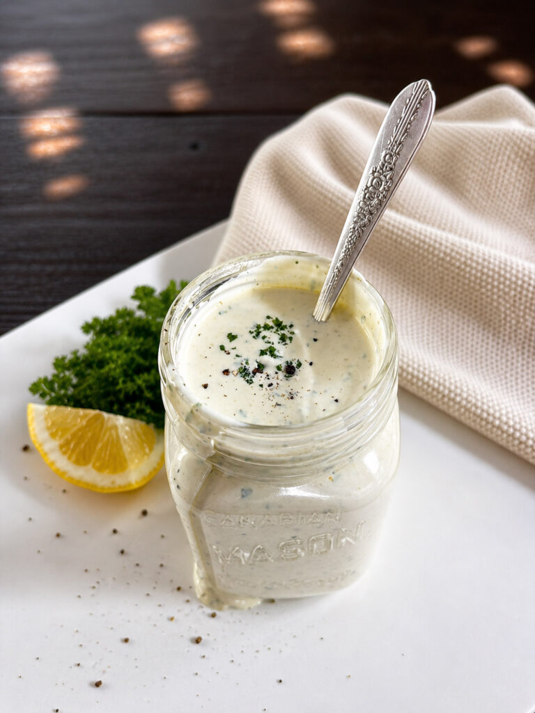 Buttermilk ranch dressing in a mason jar with fresh herbs, garlic, and lemon