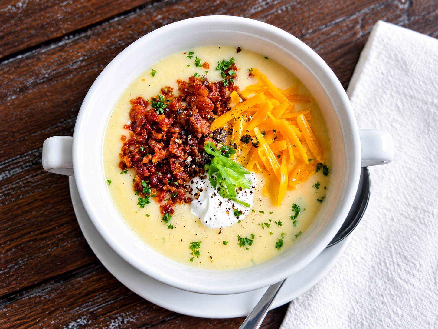 C054C2CE-C125-46AE-99E1-B7CC77ED1846_1_201_a Creamy loaded potato soup topped with crispy bacon, shredded cheddar cheese, sour cream, parsley, and black pepper.
